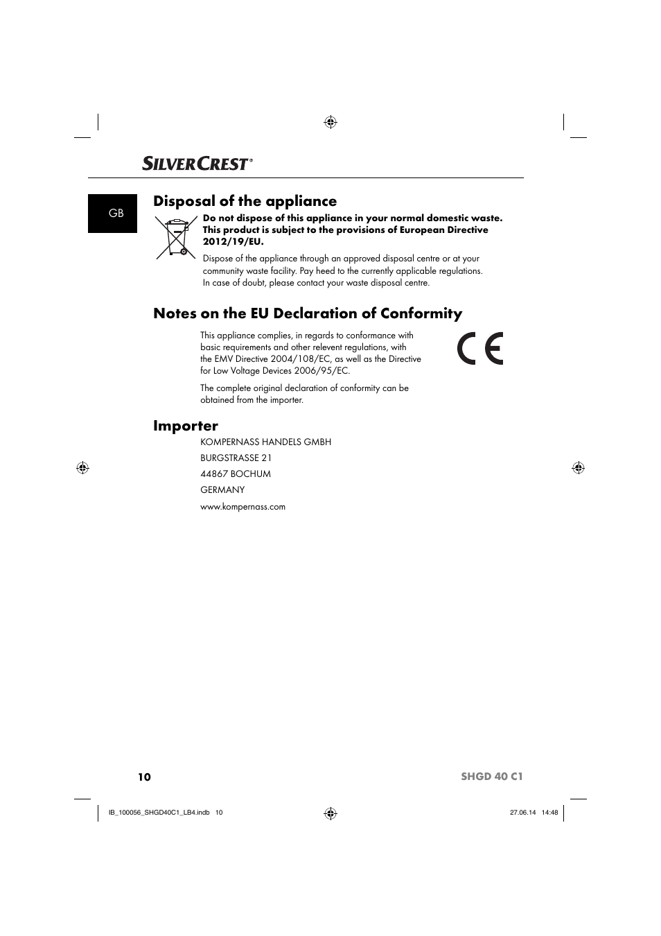 Disposal of the appliance, Importer | Silvercrest SHGD 40 C1 User Manual | Page 13 / 63