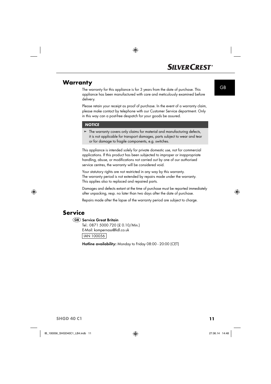 Warranty, Service | Silvercrest SHGD 40 C1 User Manual | Page 14 / 63