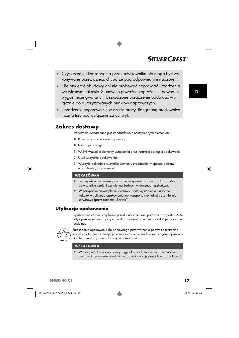 Zakres dostawy, Utylizacja opakowania | Silvercrest SHGD 40 C1 User Manual | Page 20 / 63