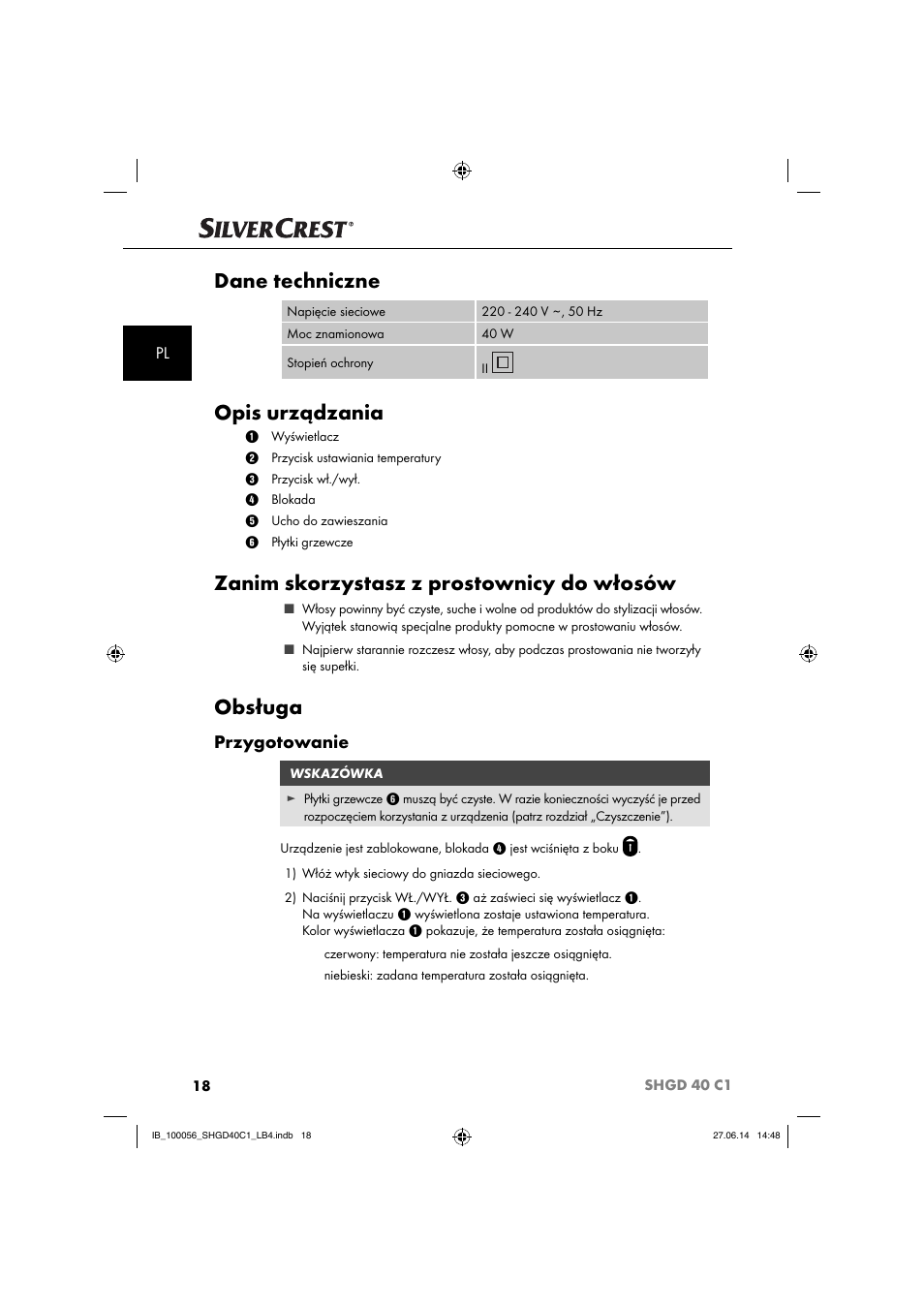 Dane techniczne, Opis urządzania, Zanim skorzystasz z prostownicy do włosów | Obsługa, Przygotowanie | Silvercrest SHGD 40 C1 User Manual | Page 21 / 63