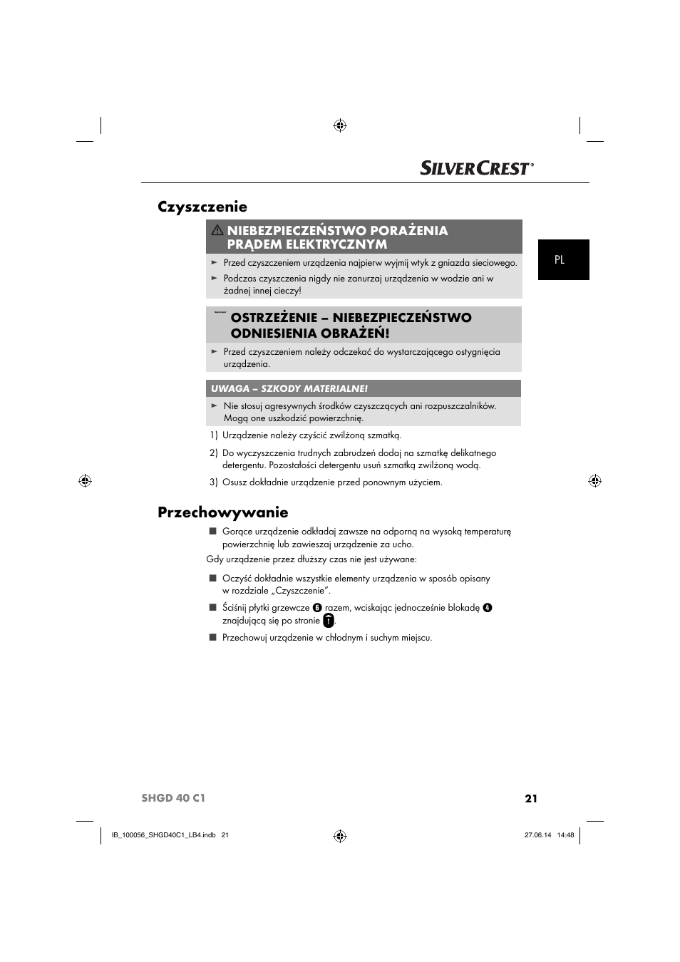 Czyszczenie, Przechowywanie, Niebezpieczeństwo porażenia prądem elektrycznym | Silvercrest SHGD 40 C1 User Manual | Page 24 / 63