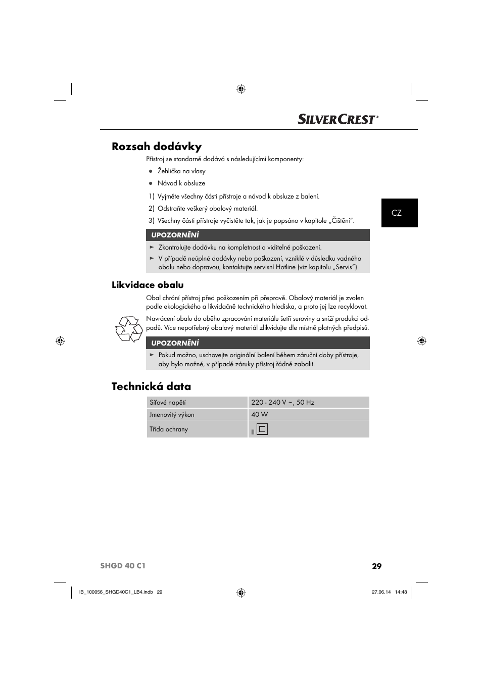 Rozsah dodávky, Technická data, Likvidace obalu | Silvercrest SHGD 40 C1 User Manual | Page 32 / 63