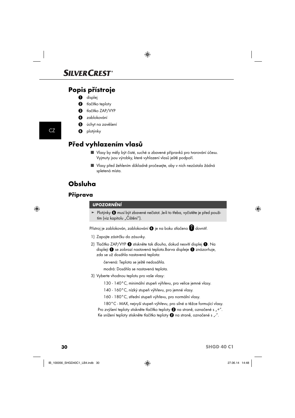 Popis přístroje, Před vyhlazením vlasů, Obsluha | Příprava | Silvercrest SHGD 40 C1 User Manual | Page 33 / 63