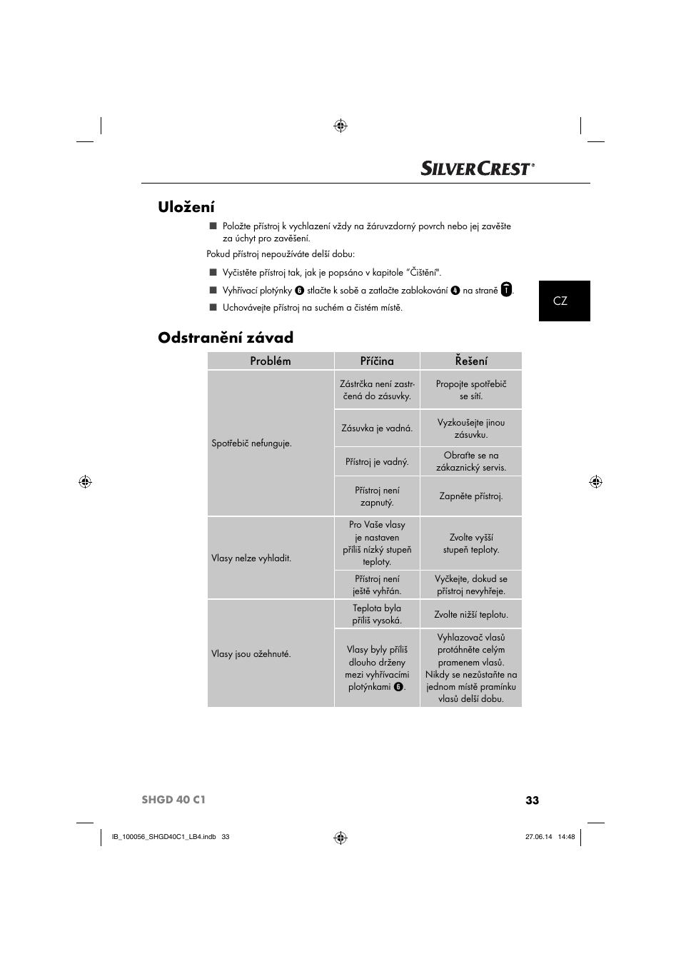 Uložení, Odstranění závad, Problém příčina řešení | Silvercrest SHGD 40 C1 User Manual | Page 36 / 63