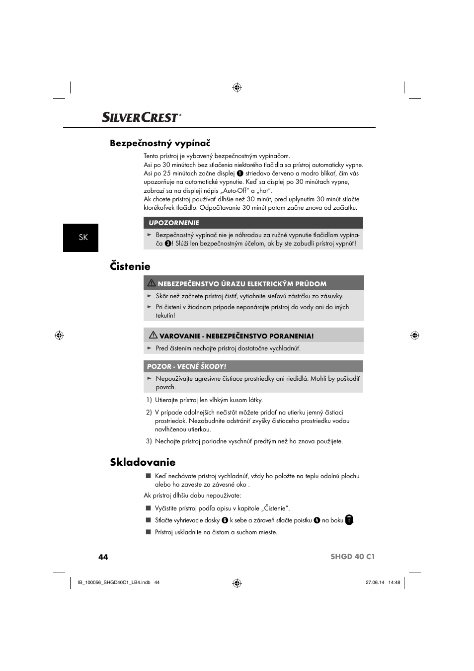 Čistenie, Skladovanie, Bezpečnostný vypínač | Silvercrest SHGD 40 C1 User Manual | Page 47 / 63