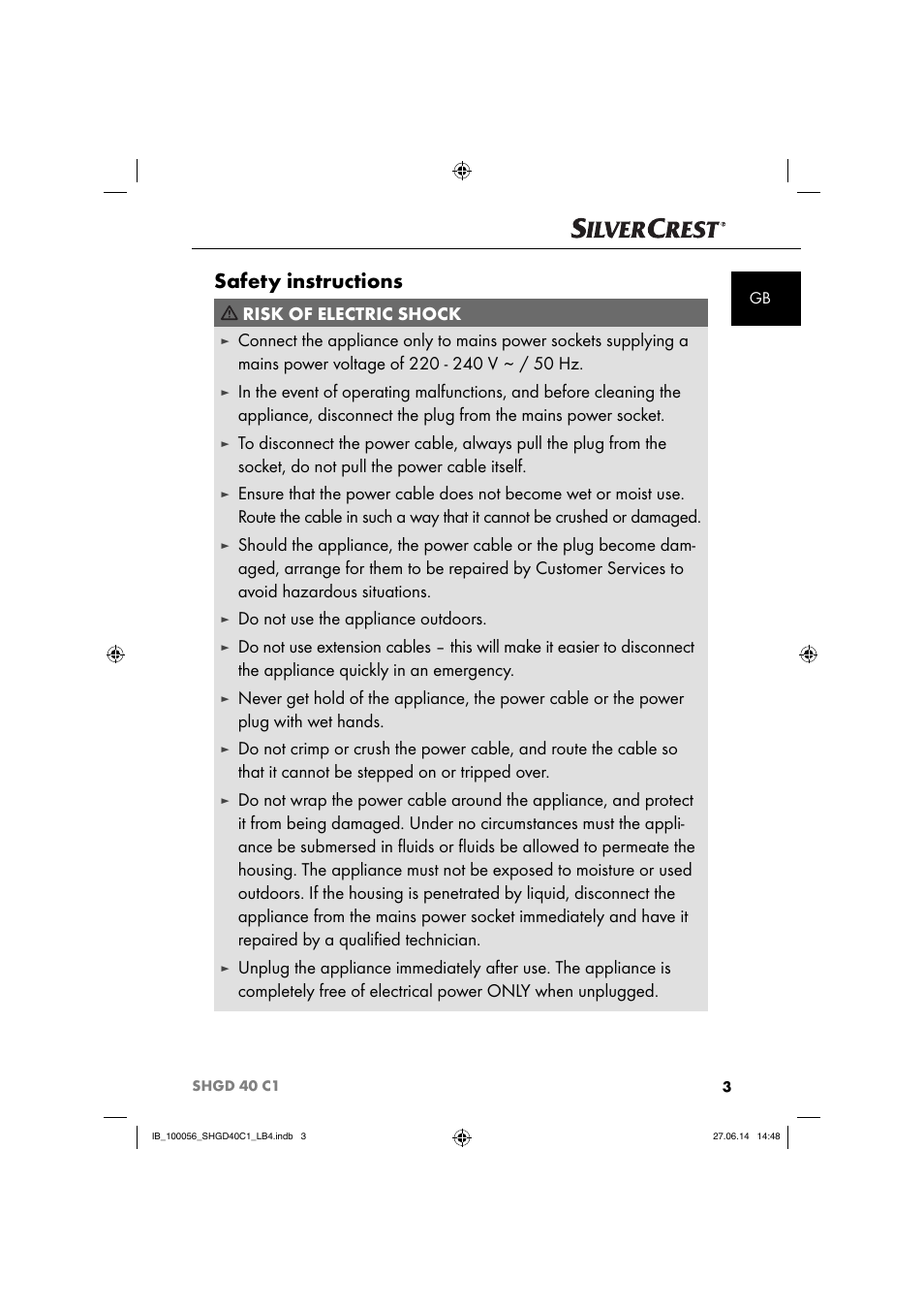 Safety instructions, Risk of electric shock, Do not use the appliance outdoors | Silvercrest SHGD 40 C1 User Manual | Page 6 / 63