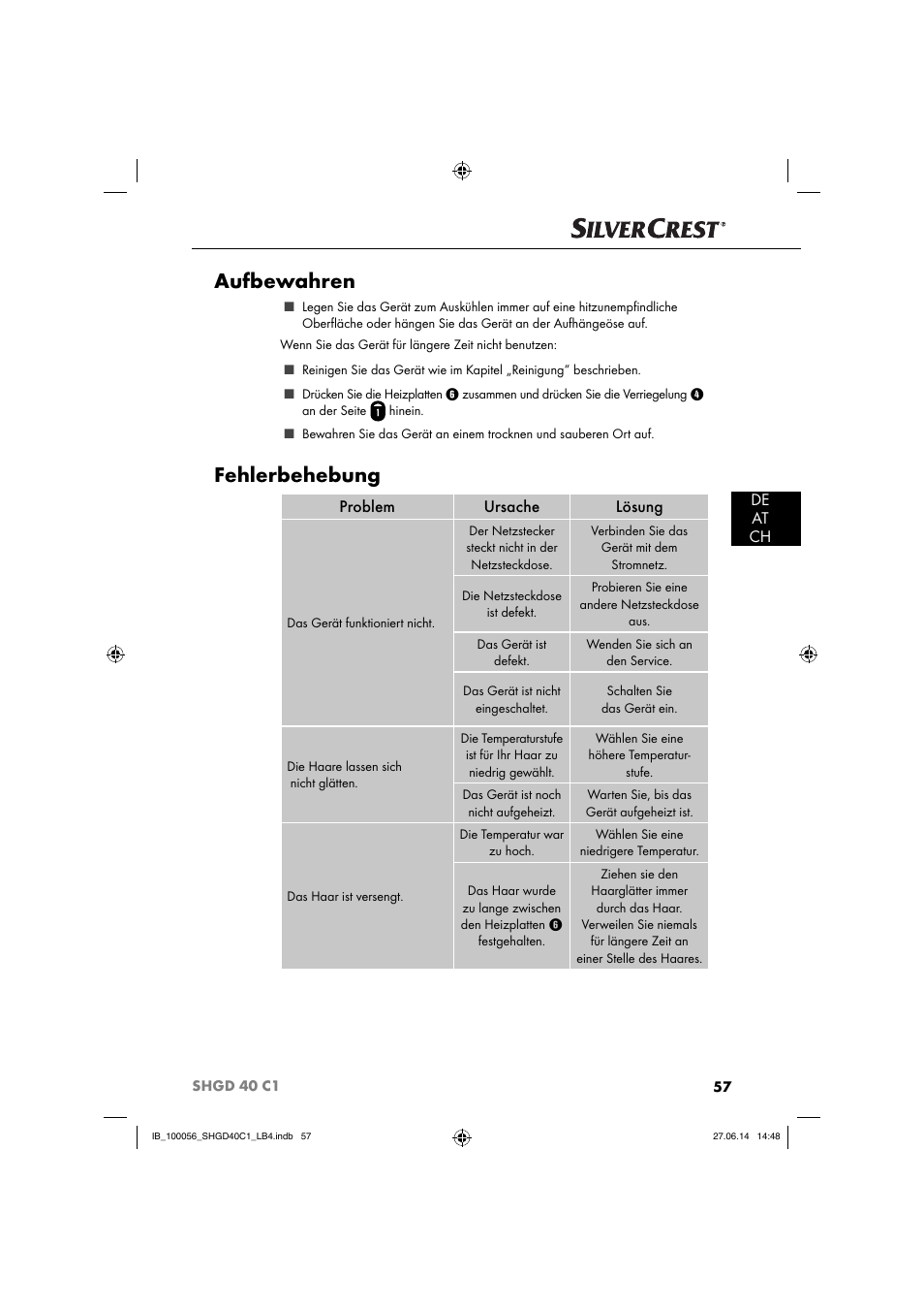 Aufbewahren, Fehlerbehebung, De at ch | Problem ursache lösung | Silvercrest SHGD 40 C1 User Manual | Page 60 / 63