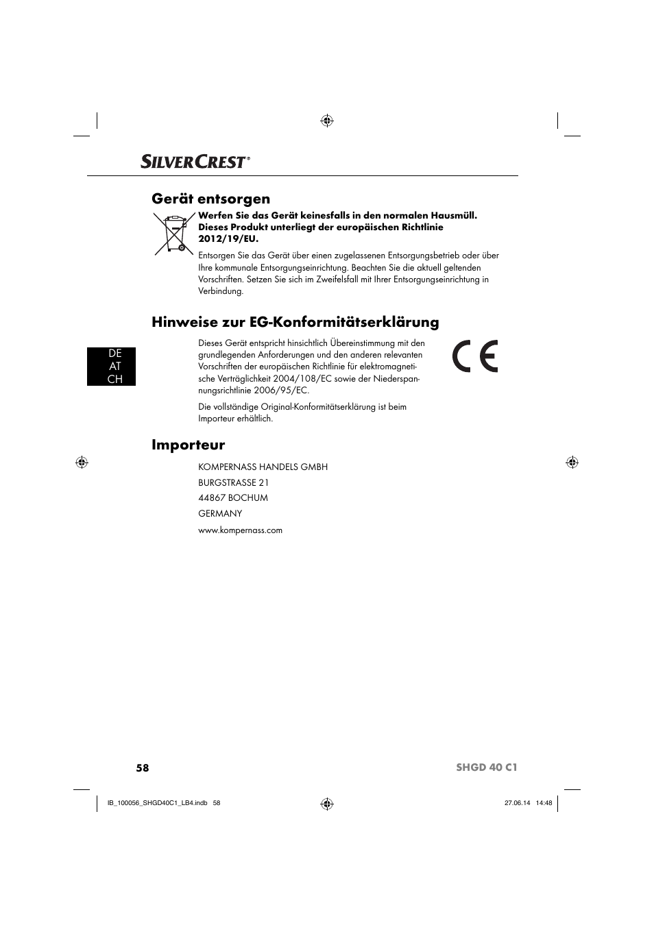 Gerät entsorgen, Hinweise zur eg-konformitätserklärung, Importeur | De at ch | Silvercrest SHGD 40 C1 User Manual | Page 61 / 63