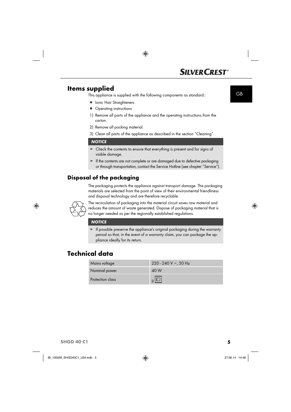 Items supplied, Technical data, Disposal of the packaging | Silvercrest SHGD 40 C1 User Manual | Page 8 / 63