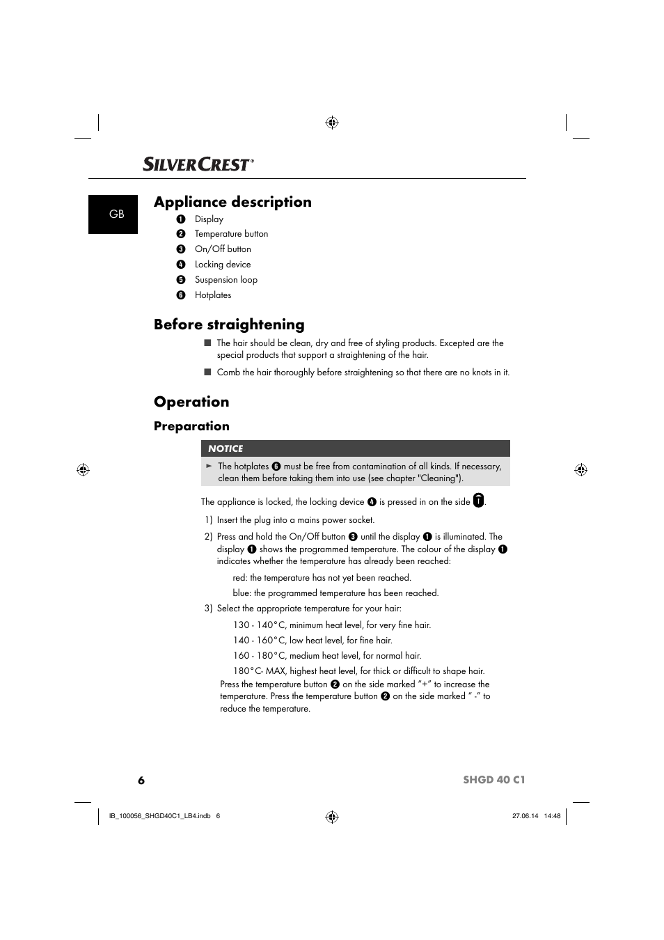 Appliance description, Before straightening, Operation | Preparation | Silvercrest SHGD 40 C1 User Manual | Page 9 / 63