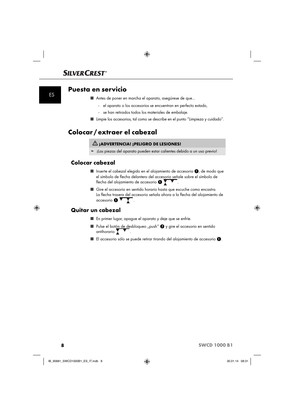 Puesta en servicio, Colocar / extraer el cabezal, Colocar cabezal | Quitar un cabezal | Silvercrest SWCD 1000 B1 User Manual | Page 11 / 59