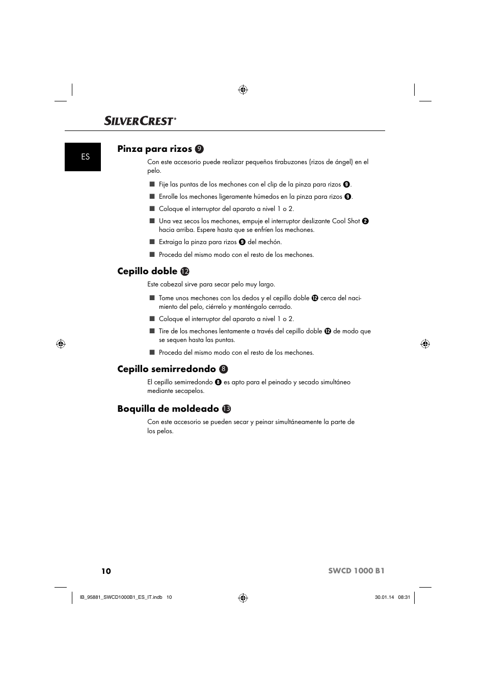 Pinza para rizos, Cepillo doble, Cepillo semirredondo | Boquilla de moldeado | Silvercrest SWCD 1000 B1 User Manual | Page 13 / 59