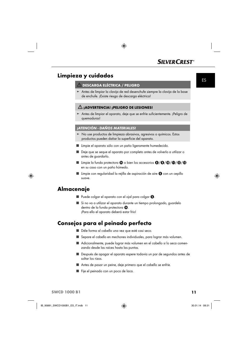 Limpieza y cuidados, Almacenaje, Consejos para el peinado perfecto | Silvercrest SWCD 1000 B1 User Manual | Page 14 / 59