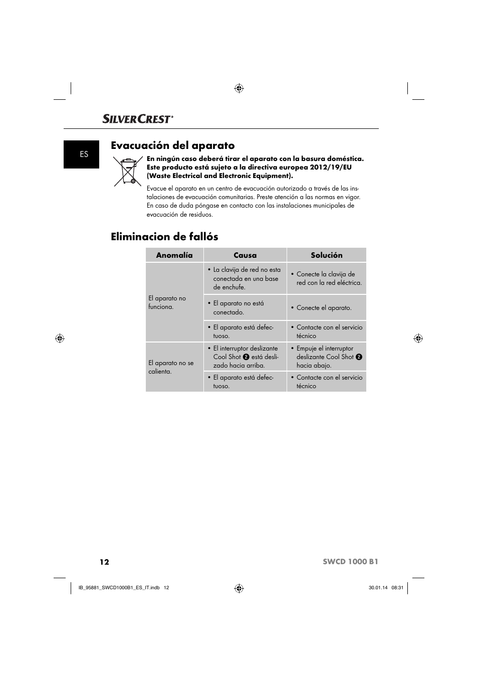 Evacuación del aparato, Eliminacion de fallós | Silvercrest SWCD 1000 B1 User Manual | Page 15 / 59