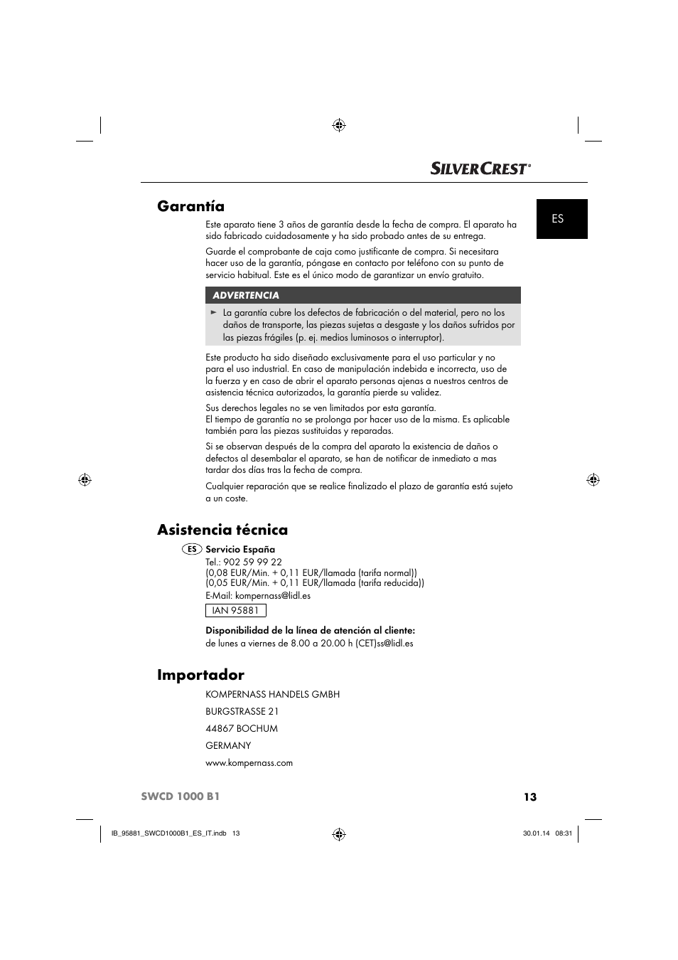 Garantía, Asistencia técnica, Importador | Silvercrest SWCD 1000 B1 User Manual | Page 16 / 59