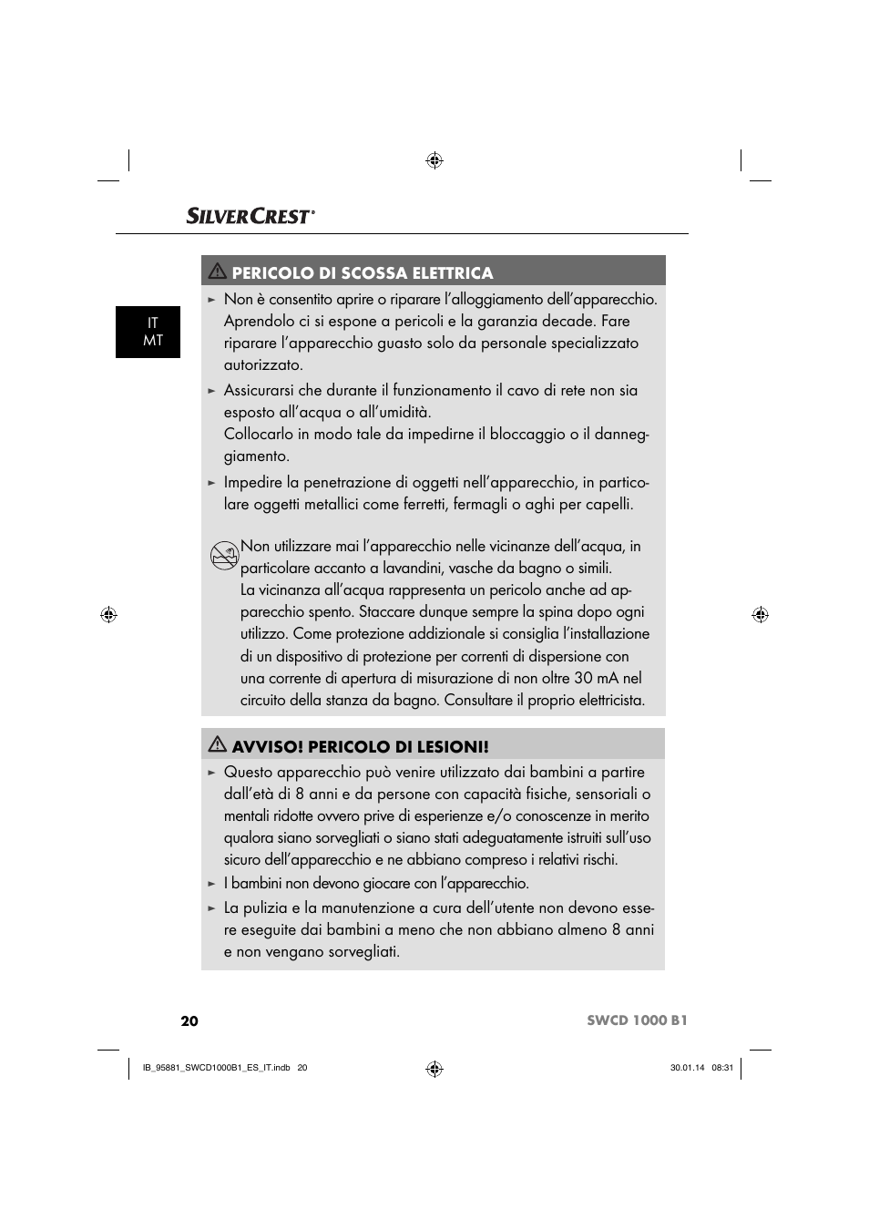 Pericolo di scossa elettrica, I bambini non devono giocare con l’apparecchio | Silvercrest SWCD 1000 B1 User Manual | Page 23 / 59