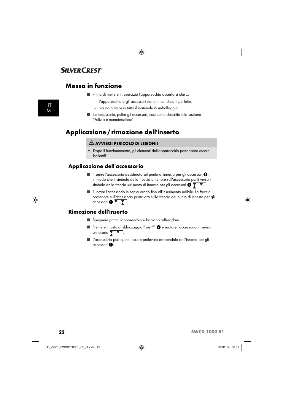 Messa in funzione, Applicazione / rimozione dell'inserto, Applicazione dell'accessorio | Rimozione dell'inserto, It mt | Silvercrest SWCD 1000 B1 User Manual | Page 25 / 59