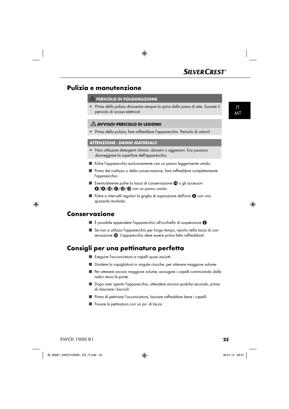 Pulizia e manutenzione, Conservazione, Consigli per una pettinatura perfetta | It mt | Silvercrest SWCD 1000 B1 User Manual | Page 28 / 59