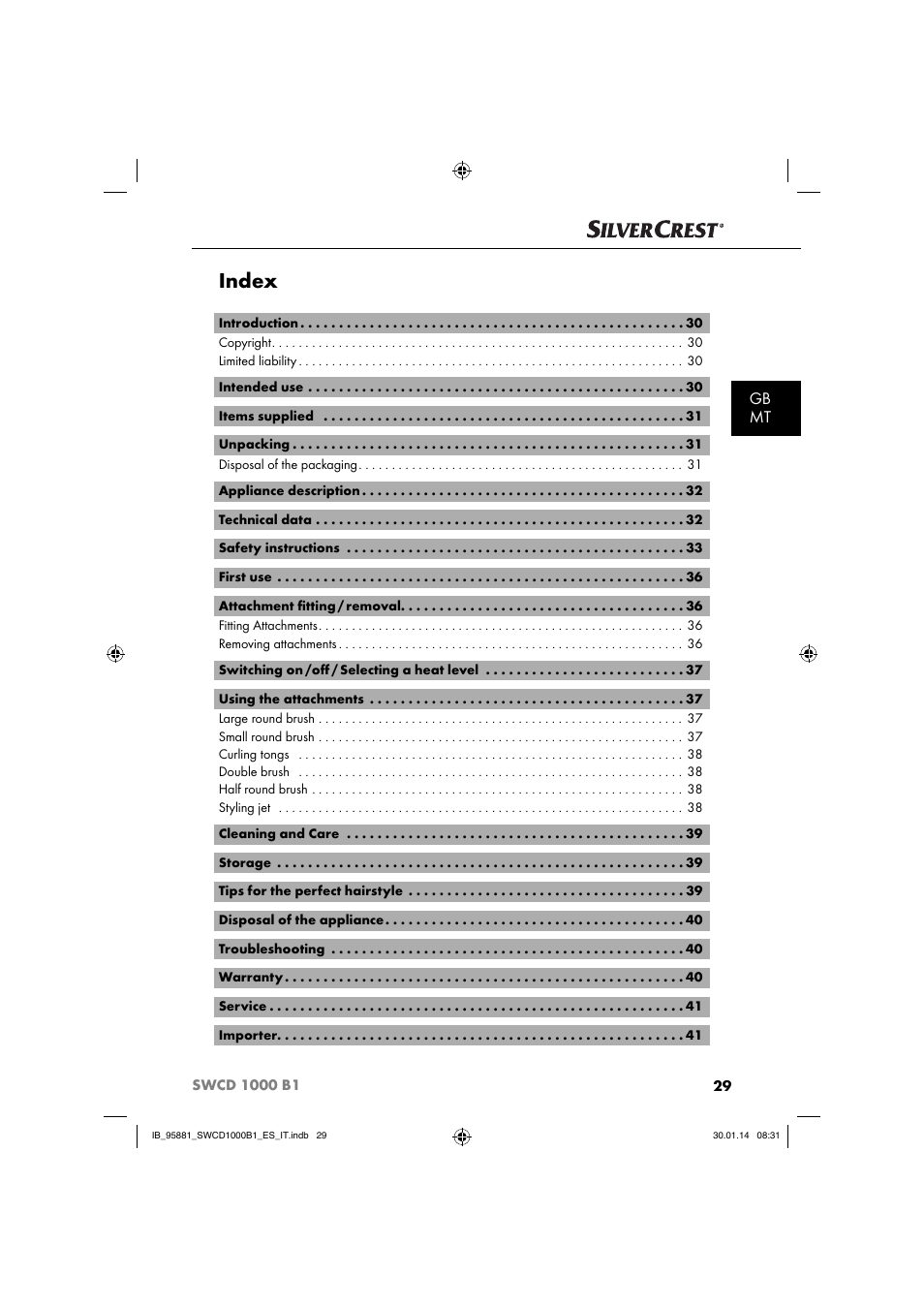 Index, Gb mt | Silvercrest SWCD 1000 B1 User Manual | Page 32 / 59