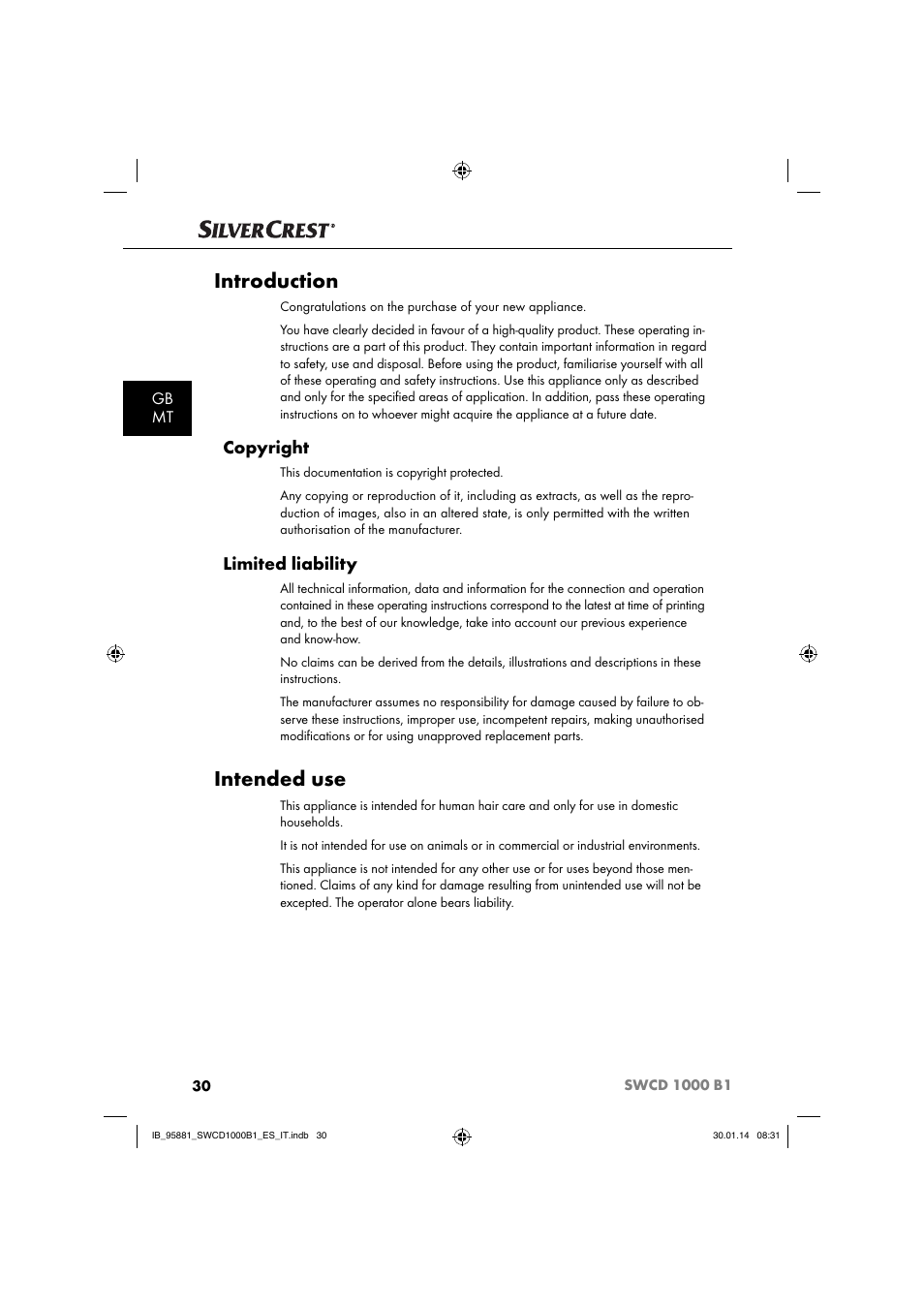 Introduction, Intended use, Copyright | Limited liability, Gb mt | Silvercrest SWCD 1000 B1 User Manual | Page 33 / 59