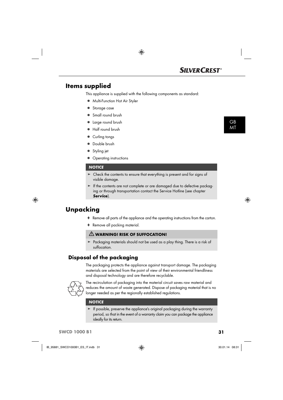 Items supplied, Unpacking, Disposal of the packaging | Gb mt | Silvercrest SWCD 1000 B1 User Manual | Page 34 / 59