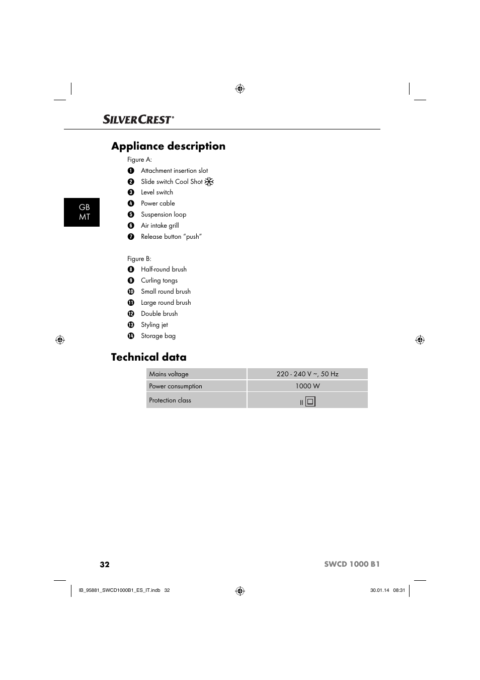 Appliance description, Technical data, Gb mt | Silvercrest SWCD 1000 B1 User Manual | Page 35 / 59