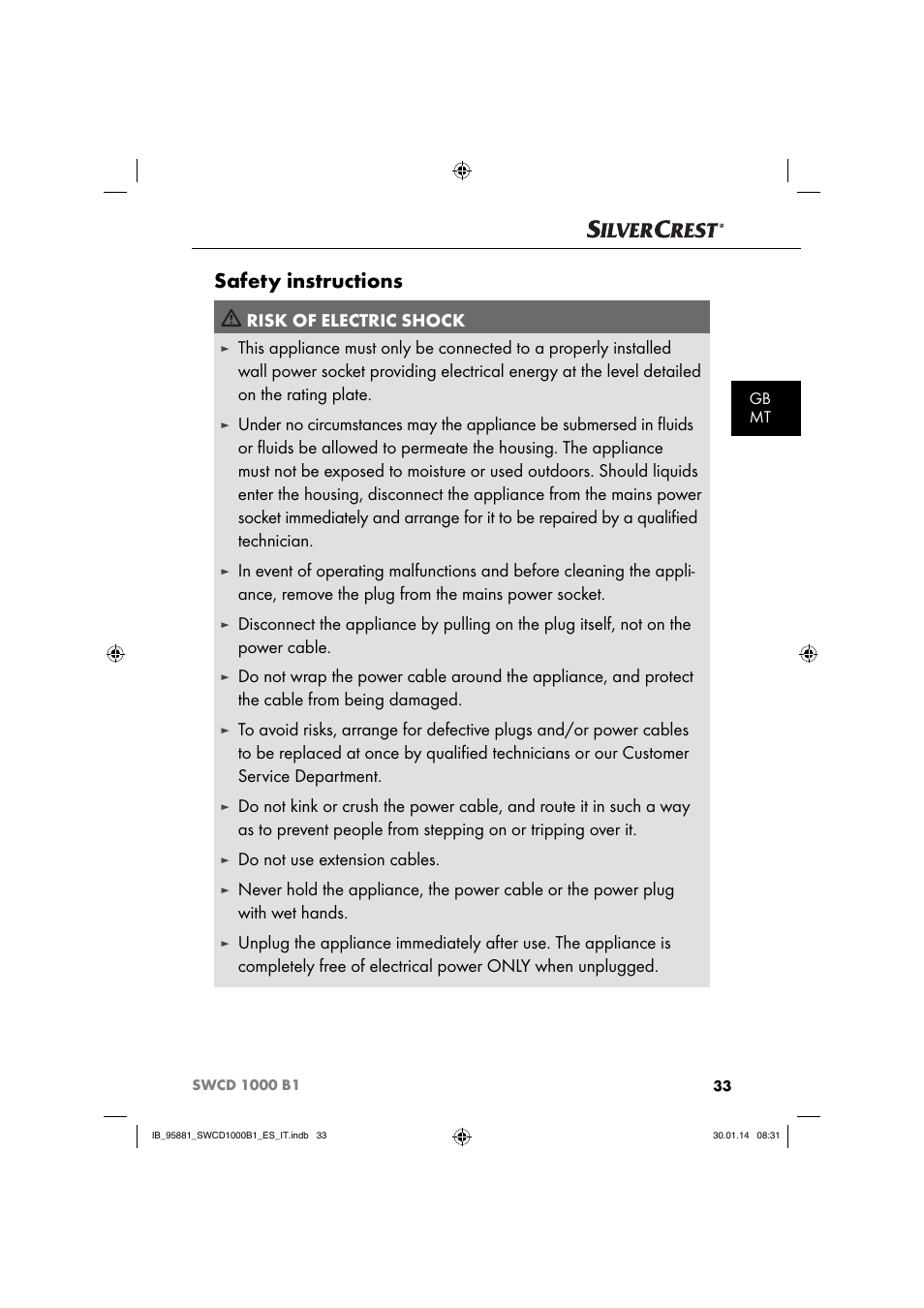 Safety instructions, Risk of electric shock, Do not use extension cables | Silvercrest SWCD 1000 B1 User Manual | Page 36 / 59