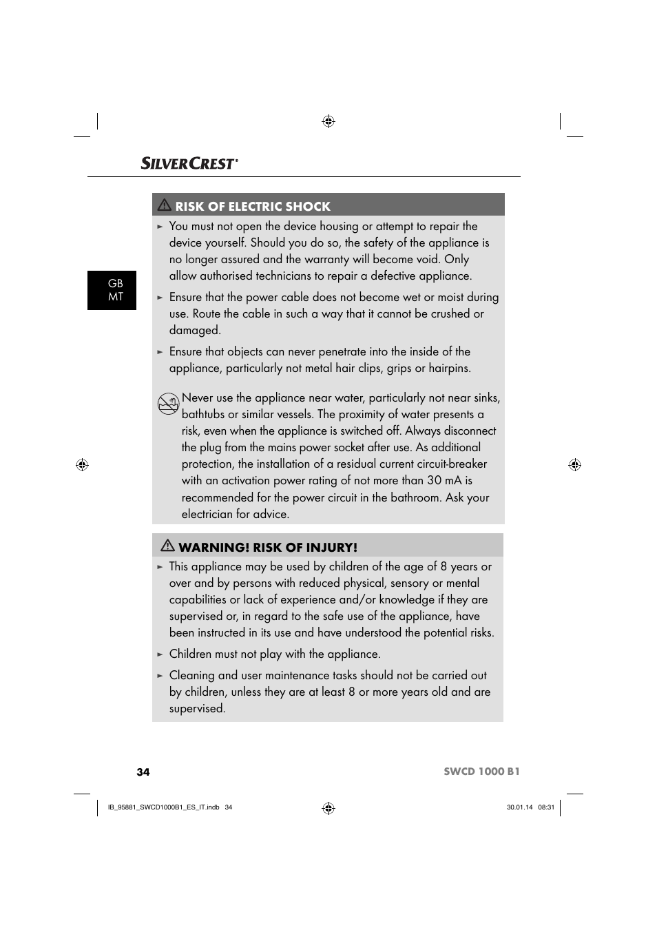 Risk of electric shock, Children must not play with the appliance | Silvercrest SWCD 1000 B1 User Manual | Page 37 / 59