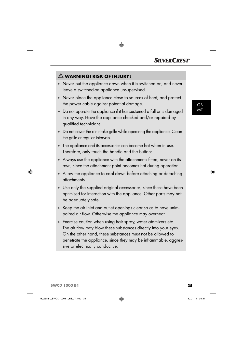 Warning! risk of injury | Silvercrest SWCD 1000 B1 User Manual | Page 38 / 59