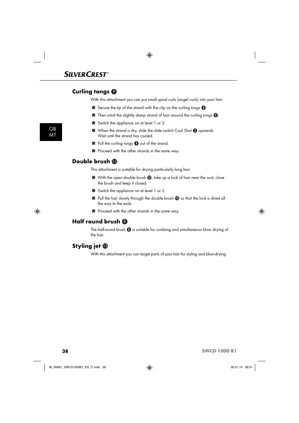 Curling tongs, Double brush, Half round brush | Styling jet, Gb mt | Silvercrest SWCD 1000 B1 User Manual | Page 41 / 59