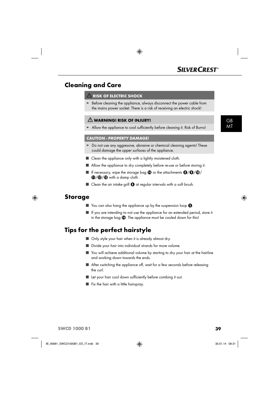 Cleaning and care, Storage, Tips for the perfect hairstyle | Gb mt | Silvercrest SWCD 1000 B1 User Manual | Page 42 / 59