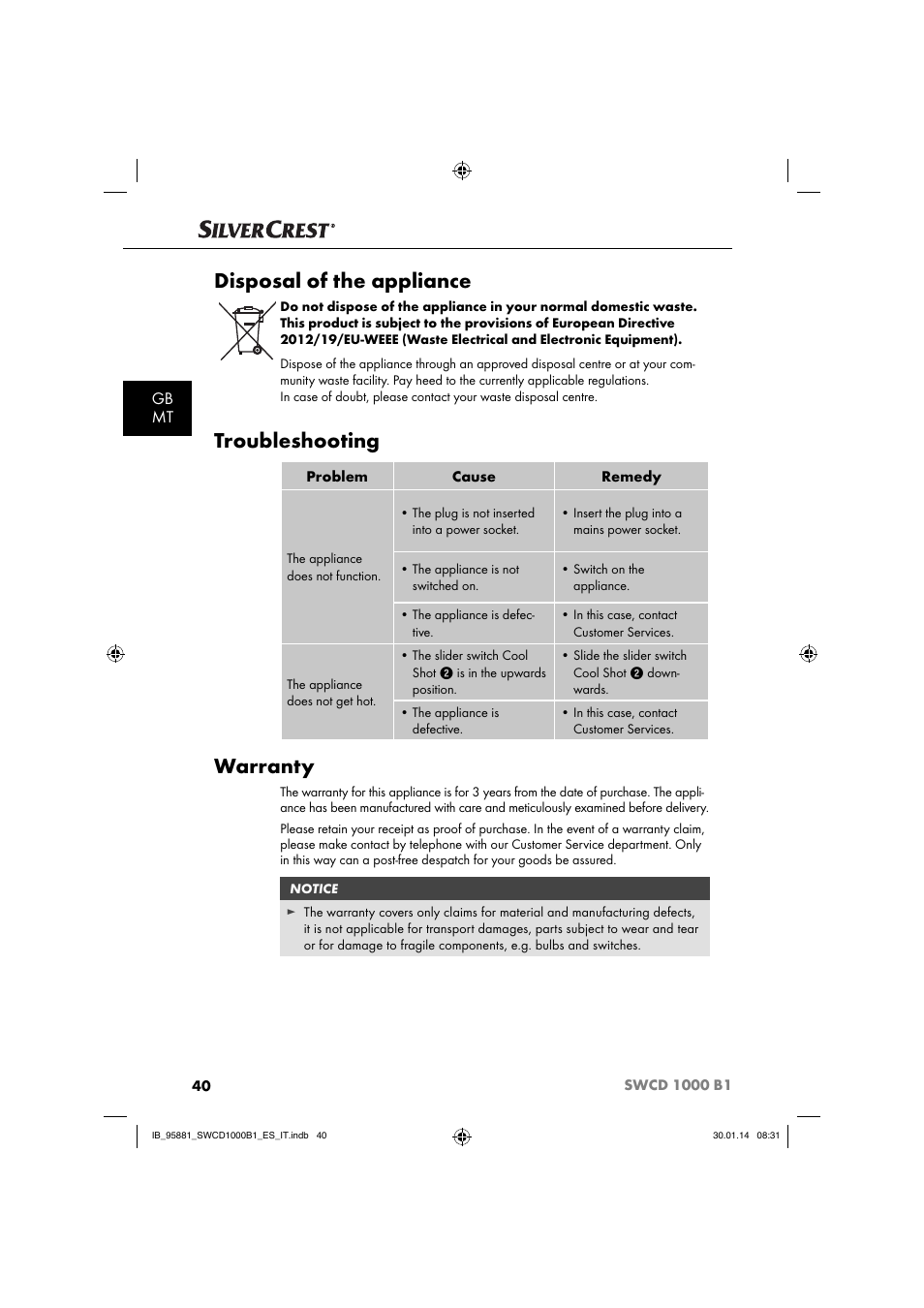 Disposal of the appliance, Troubleshooting, Warranty | Gb mt | Silvercrest SWCD 1000 B1 User Manual | Page 43 / 59