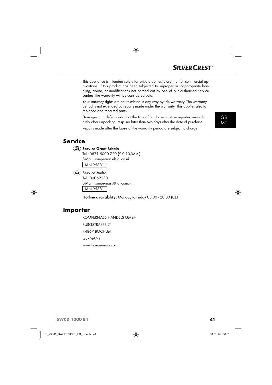 Service, Importer, Gb mt | Silvercrest SWCD 1000 B1 User Manual | Page 44 / 59