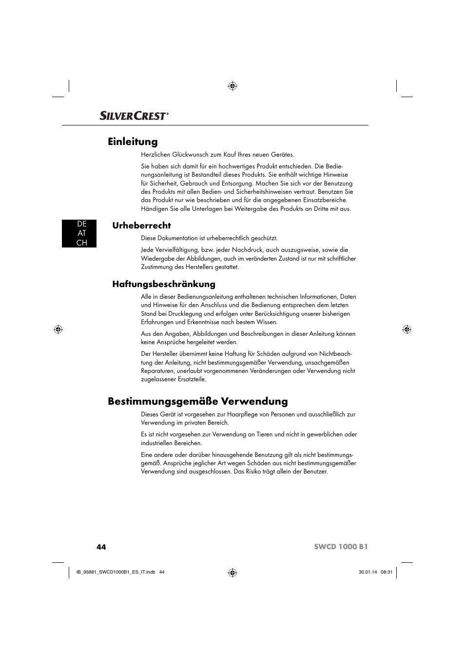 Einleitung, Bestimmungsgemäße verwendung, Urheberrecht | Haftungsbeschränkung, De at ch | Silvercrest SWCD 1000 B1 User Manual | Page 47 / 59