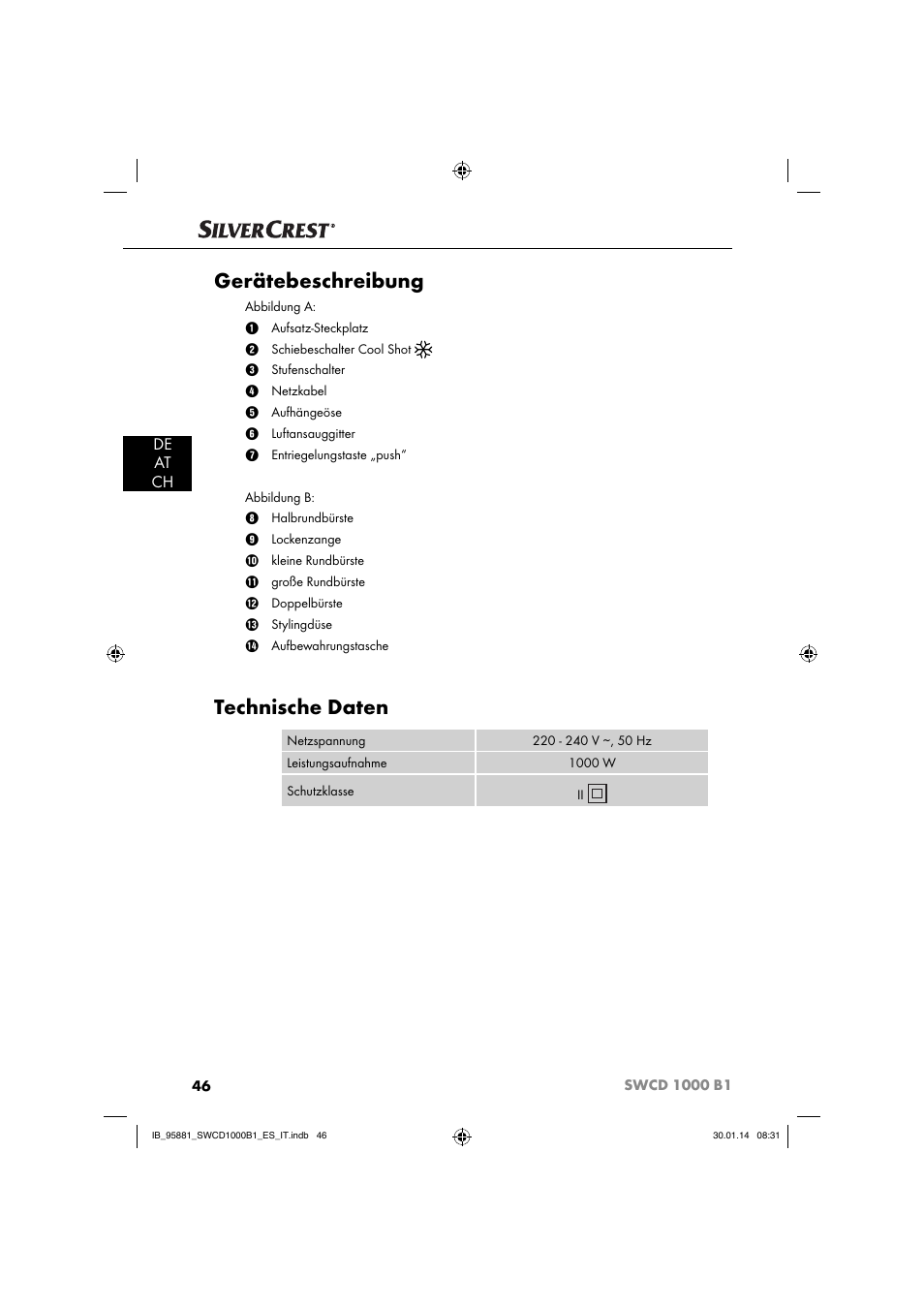 Gerätebeschreibung, Technische daten, De at ch | Silvercrest SWCD 1000 B1 User Manual | Page 49 / 59