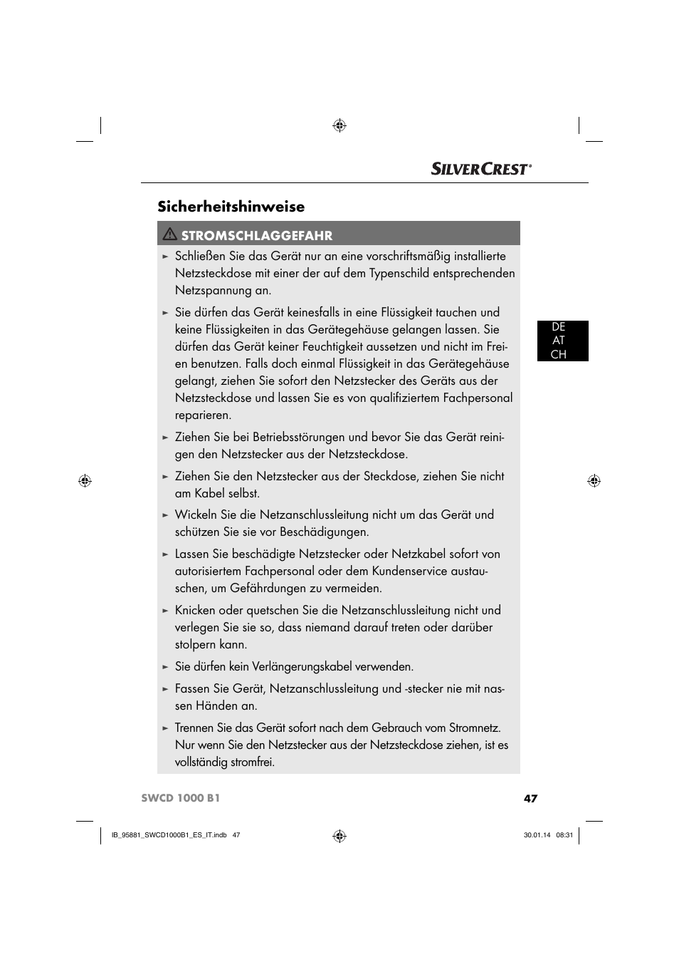 Sicherheitshinweise, Stromschlaggefahr, Sie dürfen kein verlängerungskabel verwenden | Silvercrest SWCD 1000 B1 User Manual | Page 50 / 59