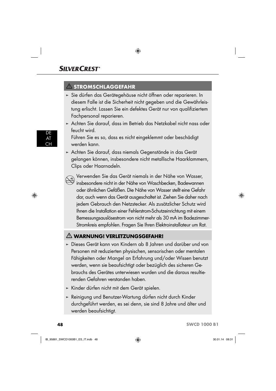 Stromschlaggefahr, Kinder dürfen nicht mit dem gerät spielen | Silvercrest SWCD 1000 B1 User Manual | Page 51 / 59