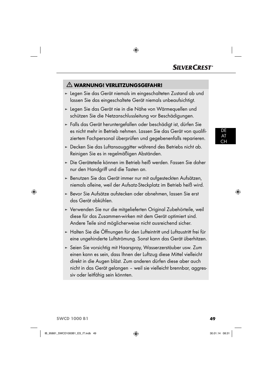 Warnung! verletzungsgefahr | Silvercrest SWCD 1000 B1 User Manual | Page 52 / 59