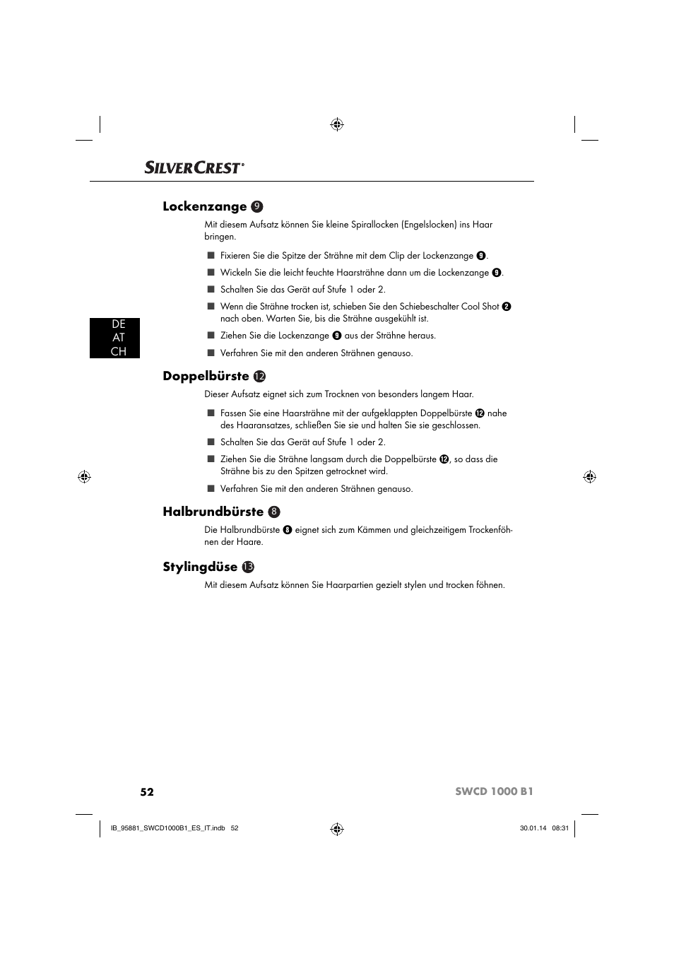 Lockenzange, Doppelbürste, Halbrundbürste | Stylingdüse, De at ch | Silvercrest SWCD 1000 B1 User Manual | Page 55 / 59