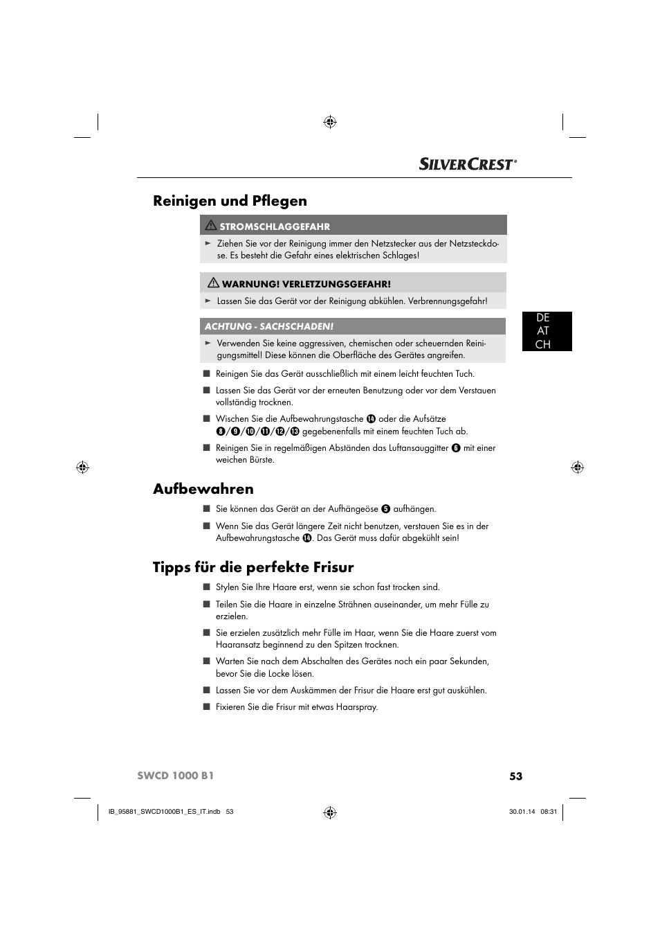 Reinigen und pﬂ egen, Aufbewahren, Tipps für die perfekte frisur | De at ch | Silvercrest SWCD 1000 B1 User Manual | Page 56 / 59