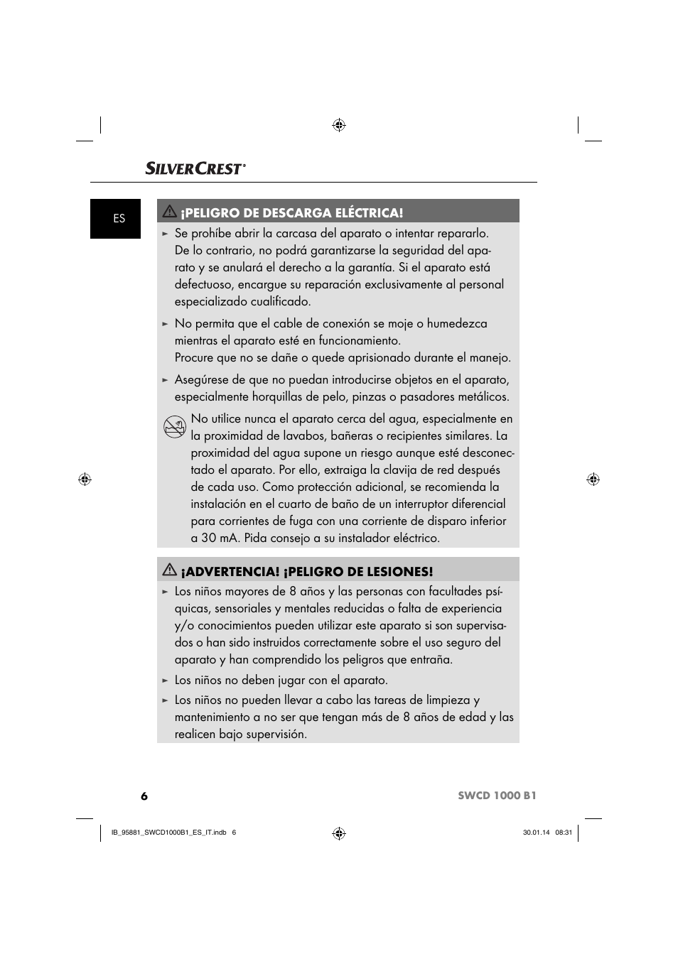 Peligro de descarga eléctrica, Los niños no deben jugar con el aparato | Silvercrest SWCD 1000 B1 User Manual | Page 9 / 59