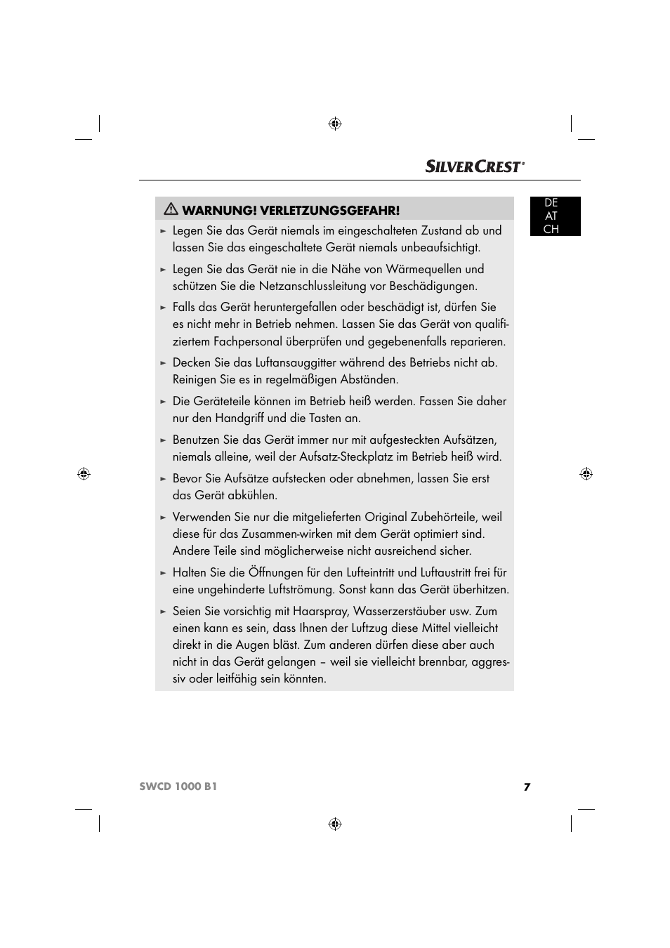 Warnung! verletzungsgefahr | Silvercrest SWCD 1000 B1 User Manual | Page 10 / 59