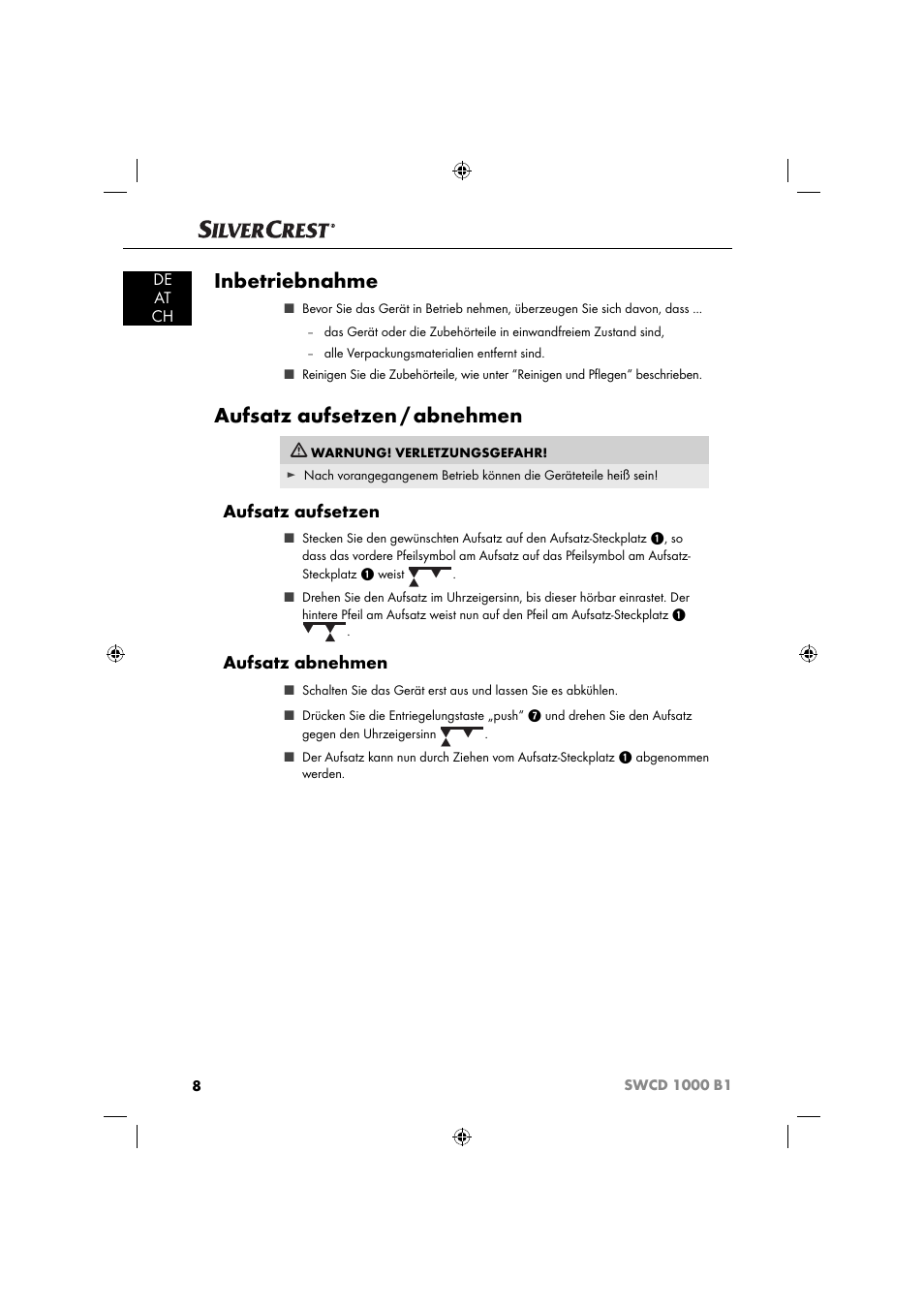 Inbetriebnahme, Aufsatz aufsetzen / abnehmen, Aufsatz aufsetzen | Aufsatz abnehmen, De at ch | Silvercrest SWCD 1000 B1 User Manual | Page 11 / 59