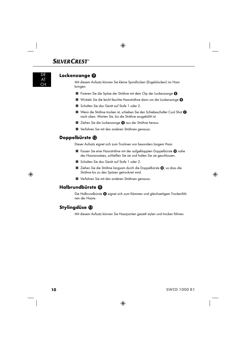 Lockenzange, Doppelbürste, Halbrundbürste | Stylingdüse, De at ch | Silvercrest SWCD 1000 B1 User Manual | Page 13 / 59