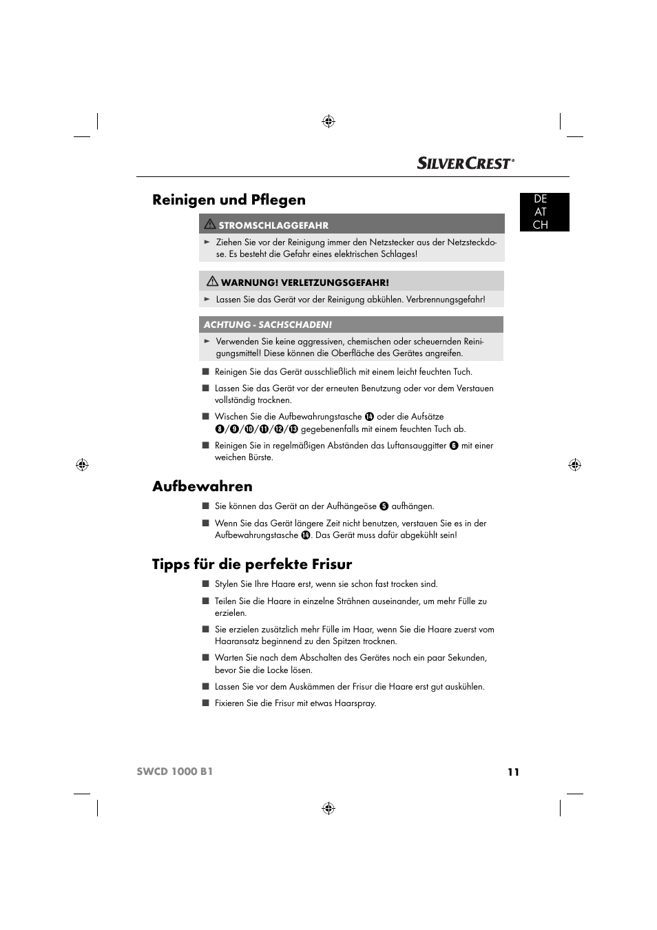 Reinigen und pﬂ egen, Aufbewahren, Tipps für die perfekte frisur | De at ch | Silvercrest SWCD 1000 B1 User Manual | Page 14 / 59