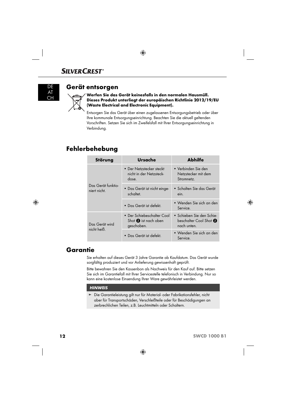 Gerät entsorgen, Fehlerbehebung, Garantie | De at ch | Silvercrest SWCD 1000 B1 User Manual | Page 15 / 59