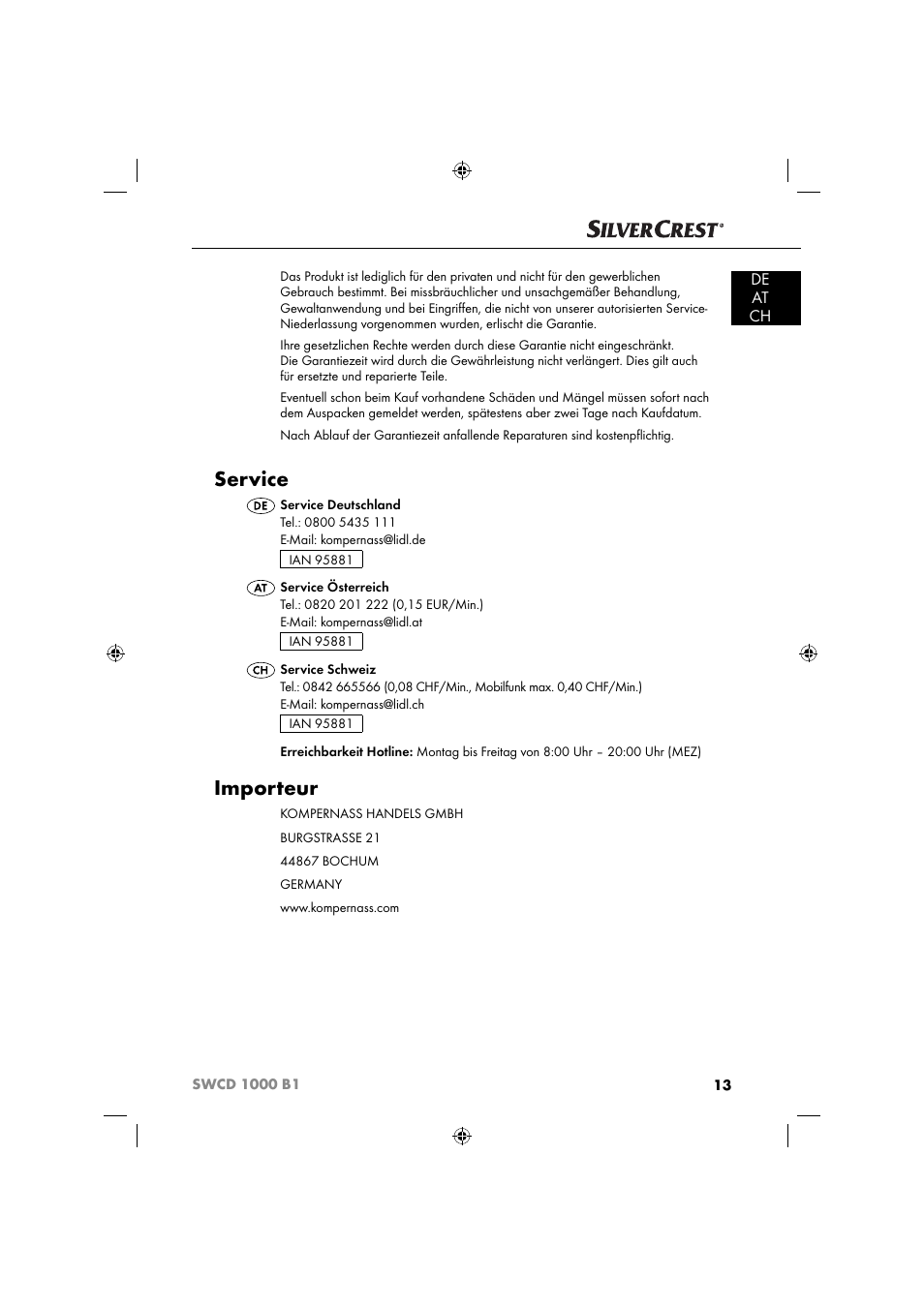 Service, Importeur, De at ch | Silvercrest SWCD 1000 B1 User Manual | Page 16 / 59