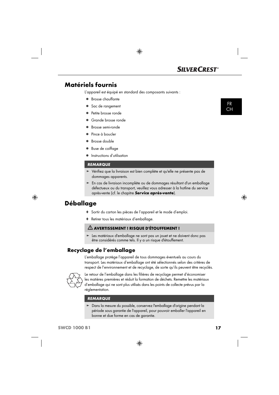 Matériels fournis, Déballage, Recyclage de l’emballage | Fr ch | Silvercrest SWCD 1000 B1 User Manual | Page 20 / 59