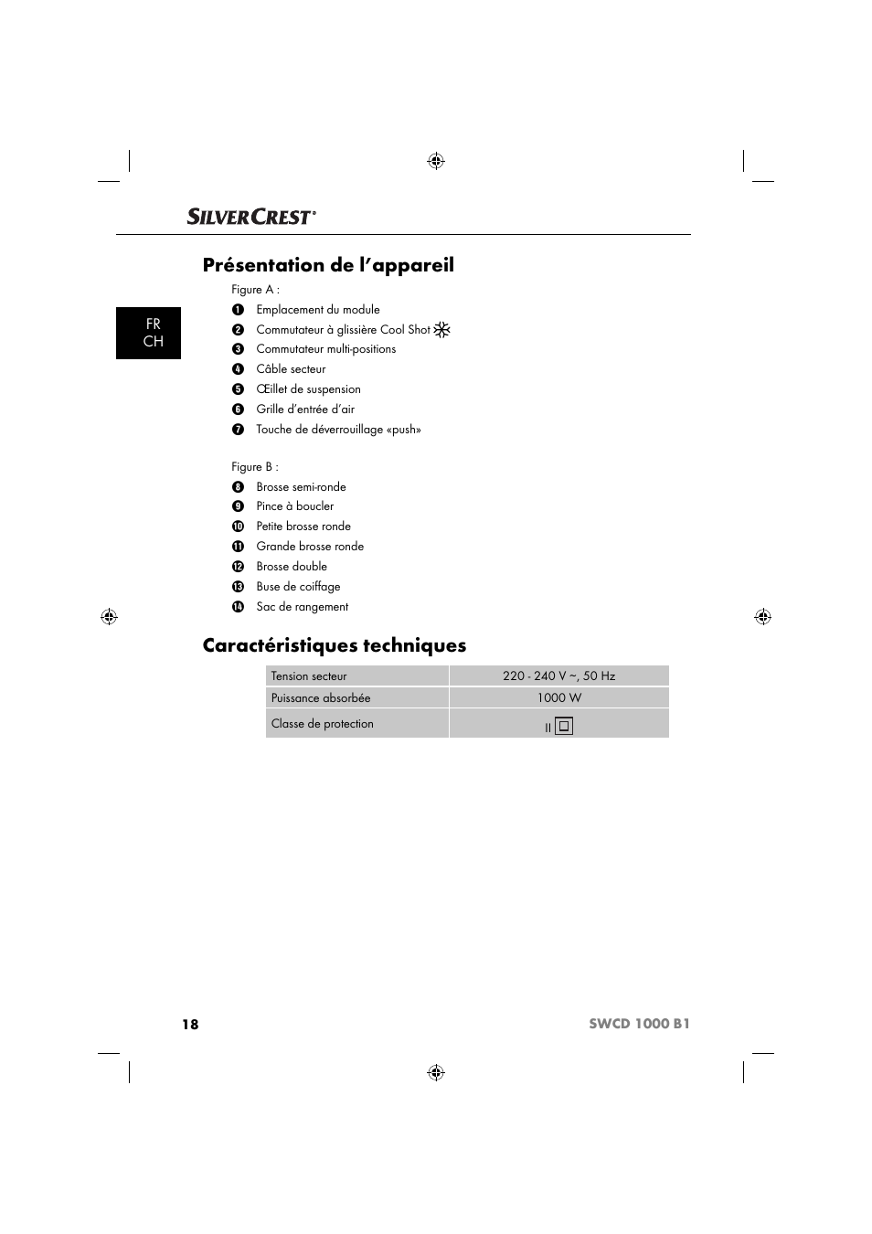 Présentation de l’appareil, Caractéristiques techniques, Fr ch | Silvercrest SWCD 1000 B1 User Manual | Page 21 / 59