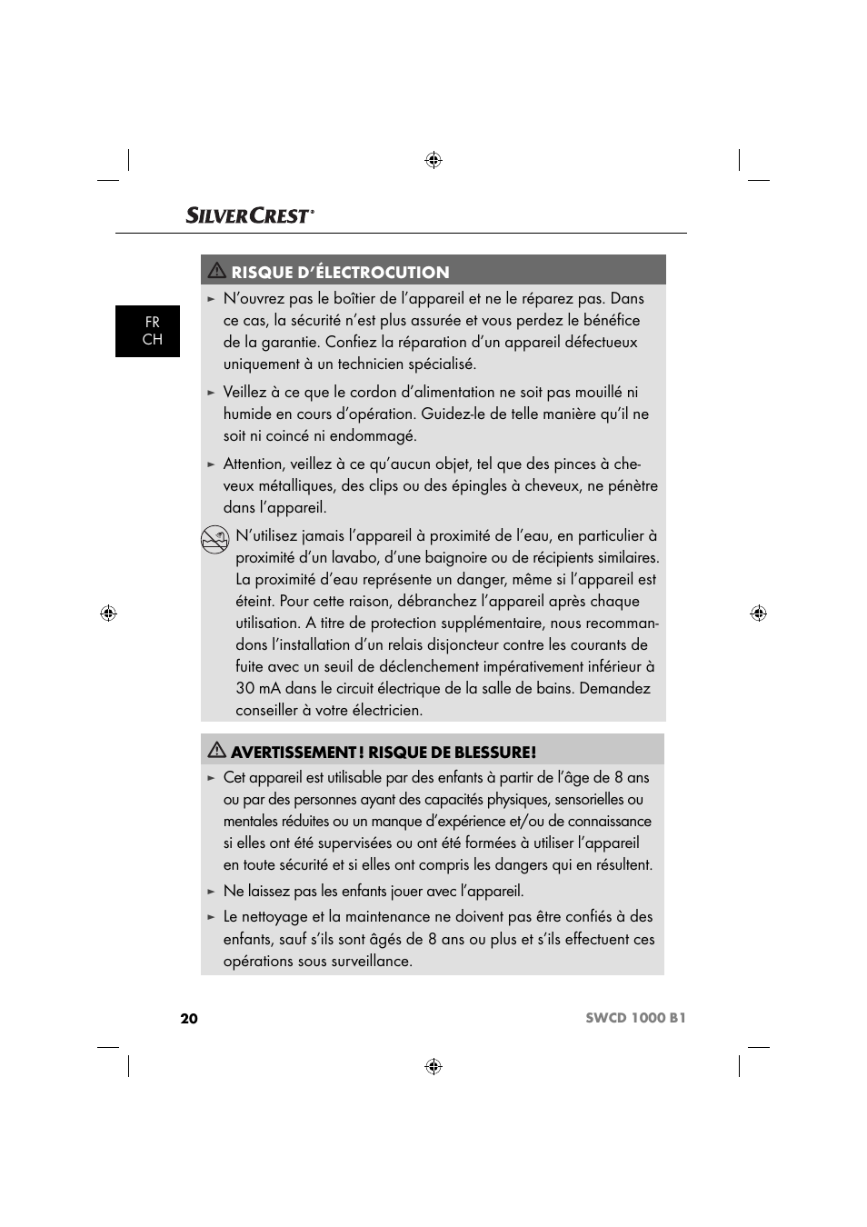 Risque d’électrocution, Ne laissez pas les enfants jouer avec l’appareil | Silvercrest SWCD 1000 B1 User Manual | Page 23 / 59